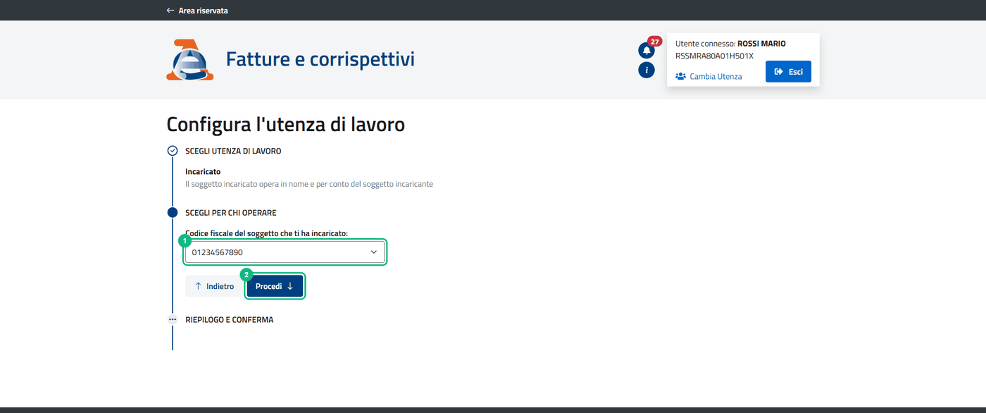 3. Scegli la partita IVA dell'azienda e premi «Procedi».