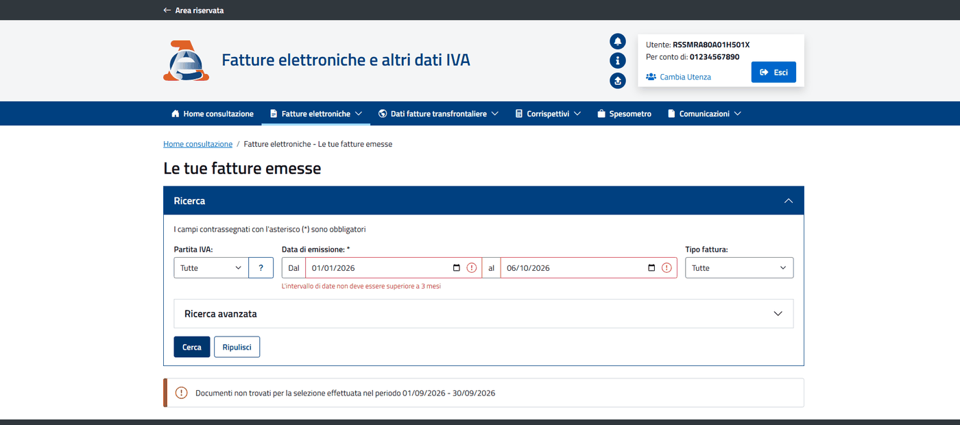 Le tue fatture emesse con il messaggio «L'intervallo di date non deve essere superiore a 3 mesi» sotto le date