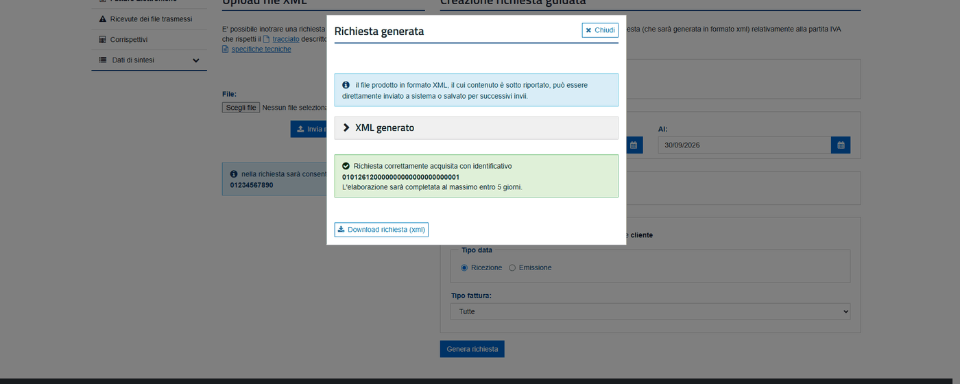 3. Il portale conferma che la richiesta è stata acquisita.