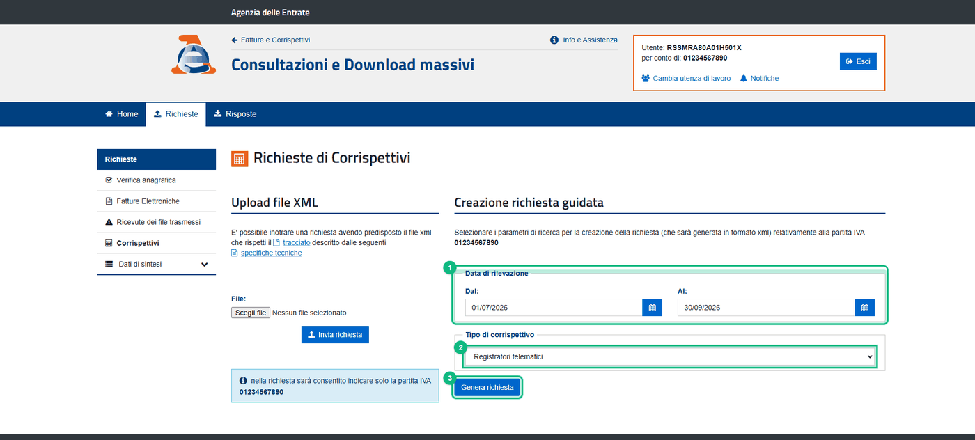 La richiesta guidata dei corrispettivi: data di rilevazione (1), tipo di corrispettivo (2) e Genera richiesta (3)
