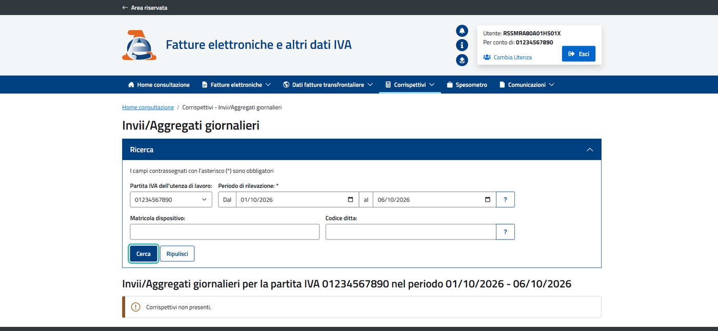 La ricerca Invii/Aggregati giornalieri con il periodo di rilevazione e il pulsante Cerca