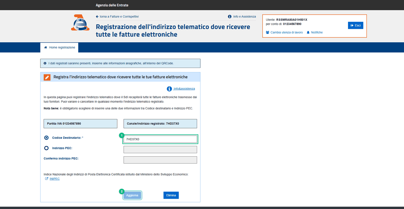 La registrazione dell'indirizzo telematico con 7HD37X0 nel campo Codice Destinatario (1) e il pulsante Aggiorna (2)