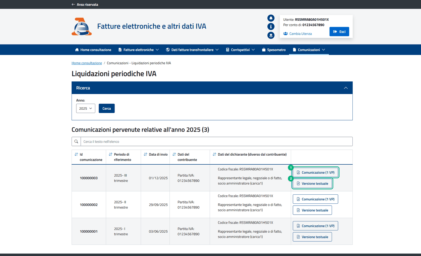 Le Liquidazioni periodiche IVA di un anno, con i pulsanti Comunicazione (1 VP) e Versione testuale su ogni riga
