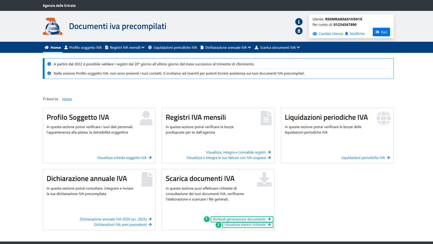 1. Nel riquadro «Scarica documenti IVA» premi «Richiedi generazione documento».