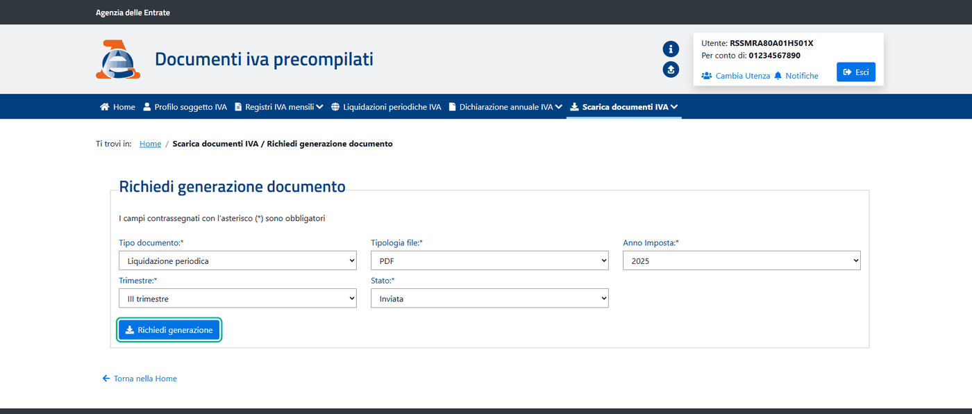 2. Compila il modulo e premi «Richiedi generazione».