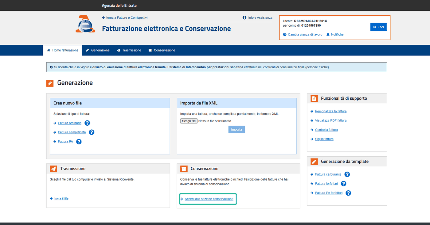 1. In «Fatturazione elettronica e Conservazione» premi «Accedi alla sezione conservazione».