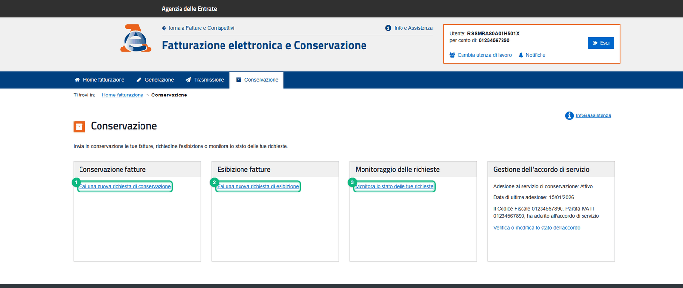 2. Scegli se chiedere una conservazione (1), un'esibizione (2) o controllare le richieste (3).