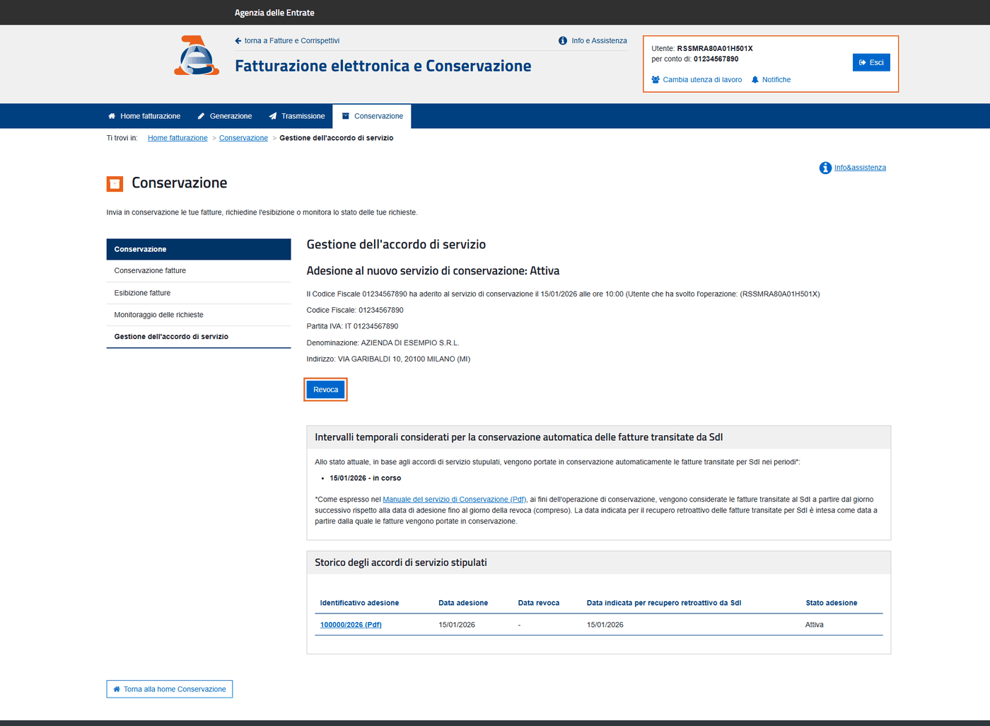 3. Nella gestione dell'accordo scarica il PDF dallo storico e non premere «Revoca».