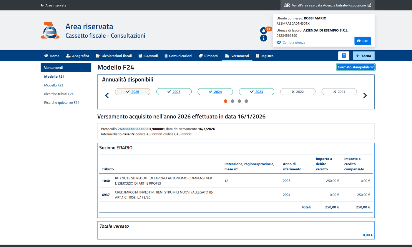 3. Il dettaglio elenca i tributi del versamento; «Formato stampabile» lo prepara per la stampa.