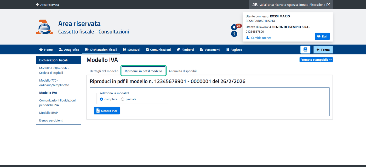 La scheda Riproduci in pdf il modello del Modello IVA, con la modalità completa o parziale e il pulsante Genera PDF
