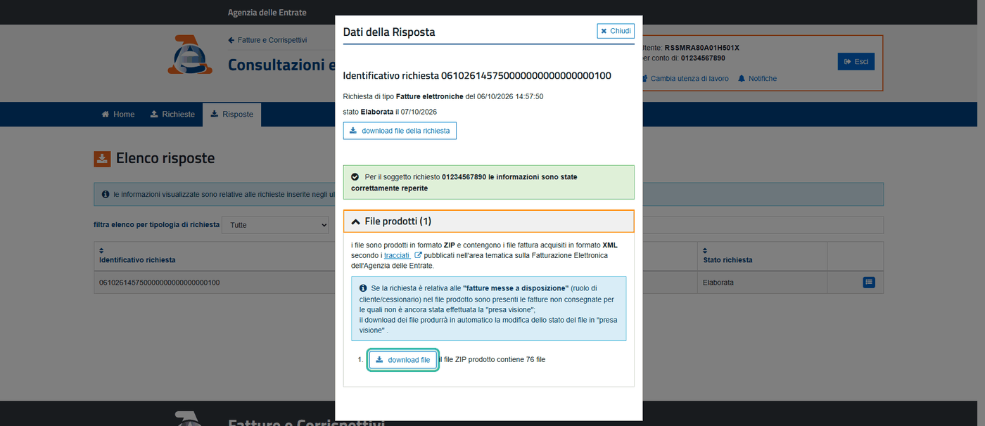 6. In «Dati della Risposta» apri «File prodotti» e premi «download file».