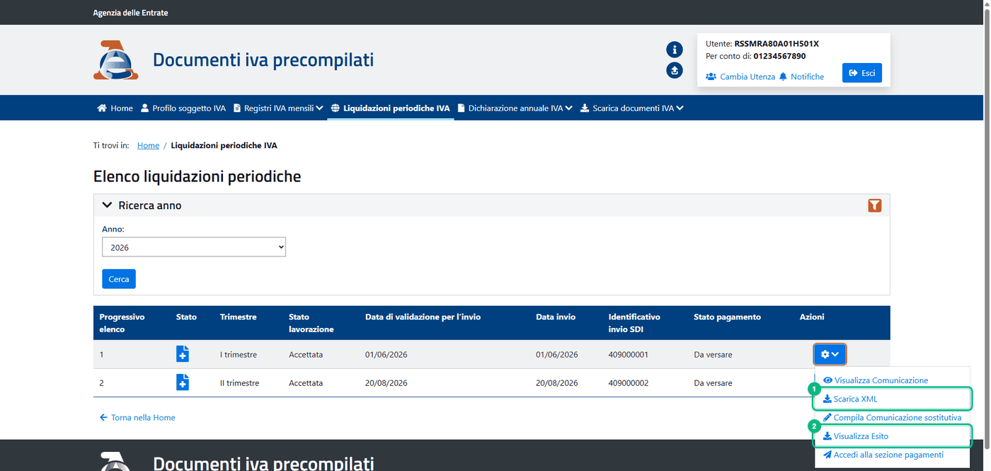 Il menu dell'ingranaggio di una liquidazione inviata, con Scarica XML (1) e Visualizza Esito (2)