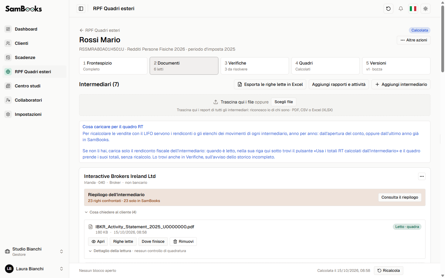Il passo Documenti con gli intermediari e i pulsanti per caricare i report.