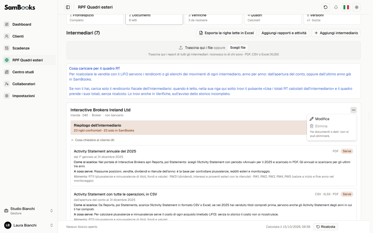 Il menu delle azioni di un intermediario con Modifica ed Elimina.