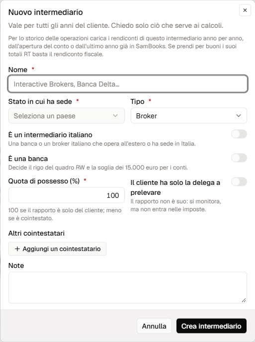 La finestra per aggiungere un intermediario.