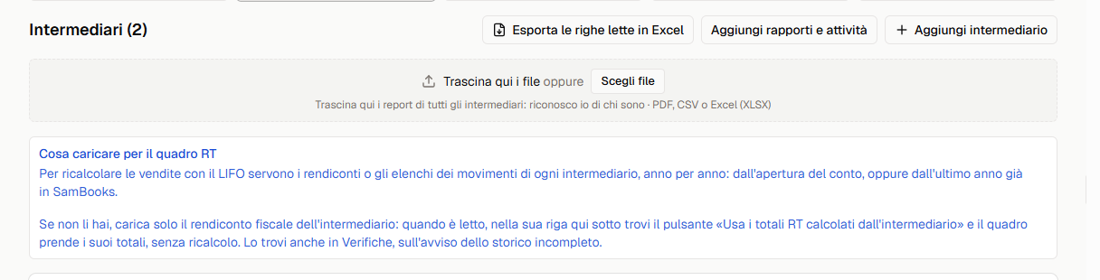 La zona di caricamento dei report e l'avviso su cosa caricare.