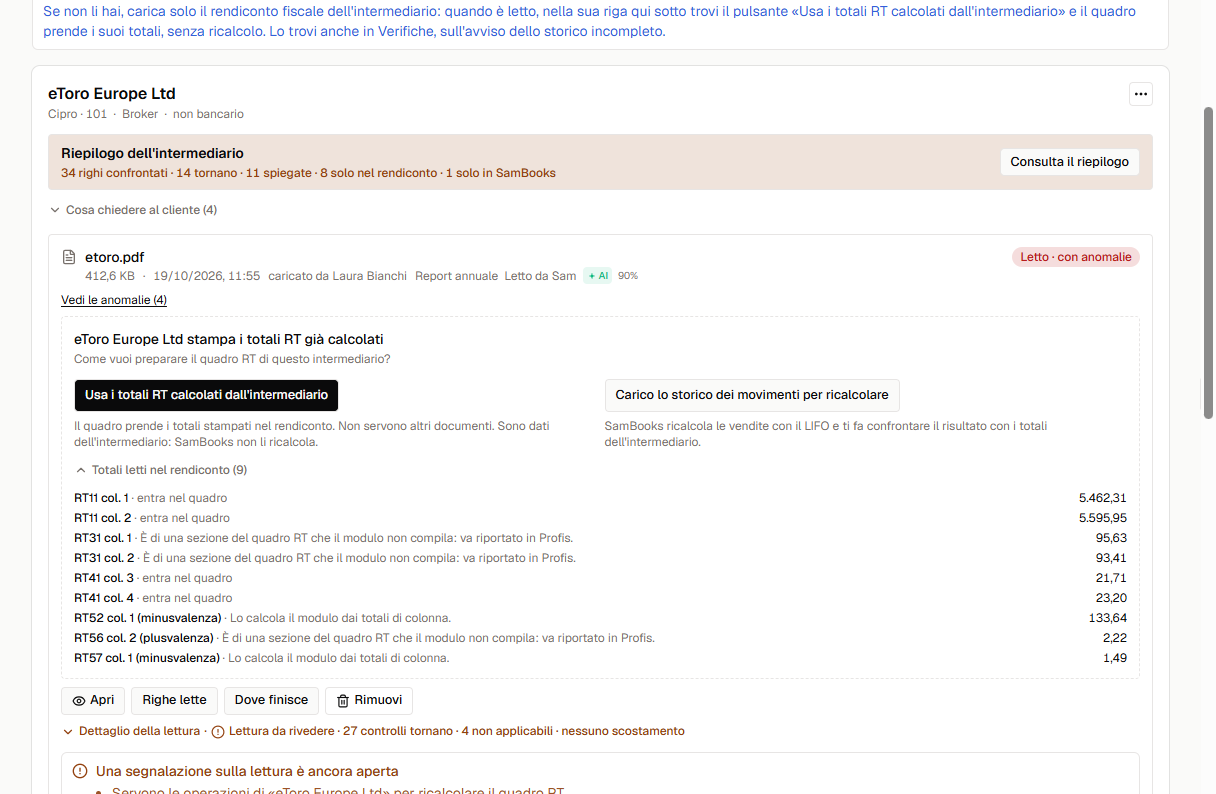 I totali RT letti nel rendiconto e la scelta su come preparare il quadro RT.