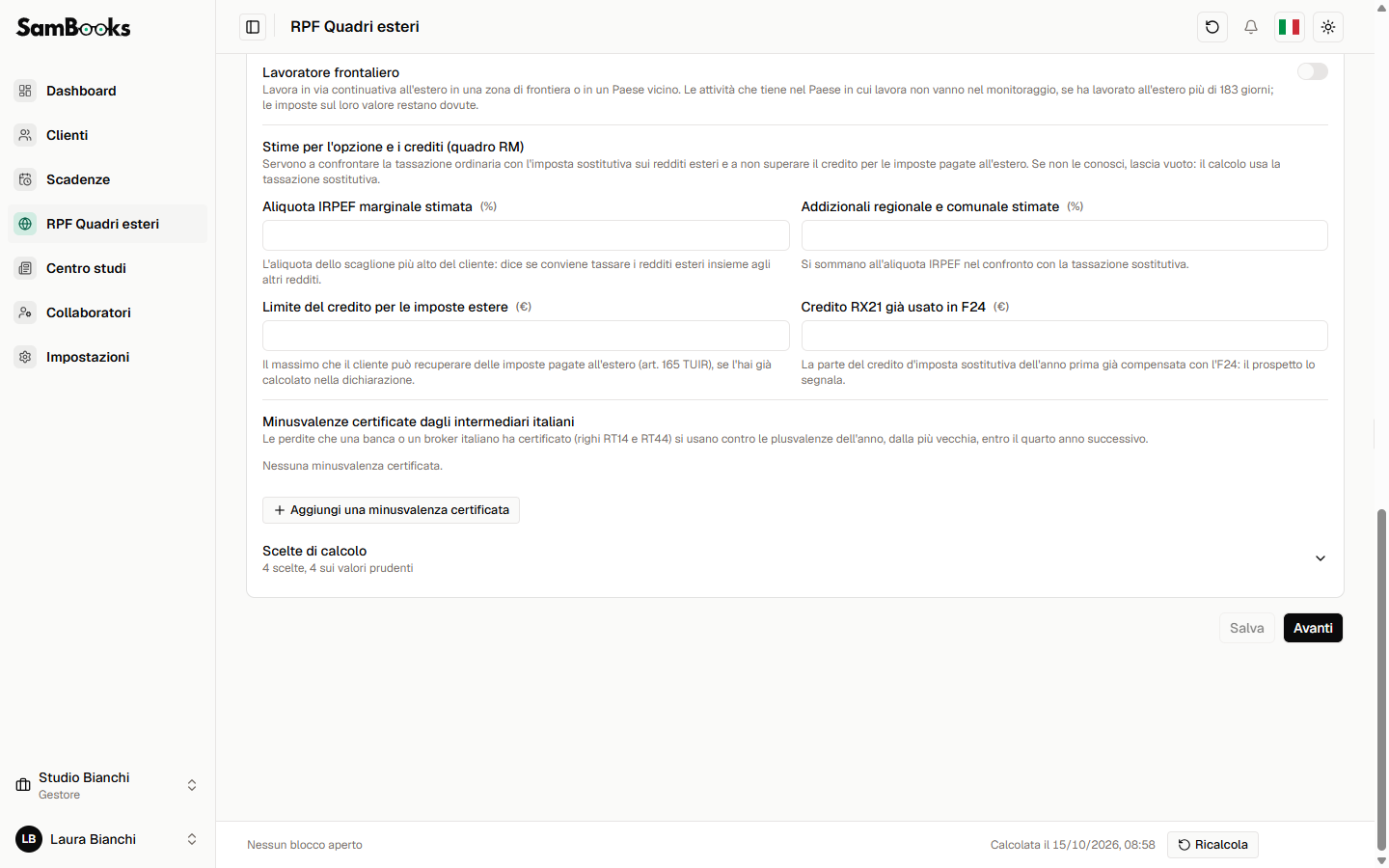 Stime per l'opzione, minusvalenze certificate e pulsanti Salva e Avanti in fondo al frontespizio.