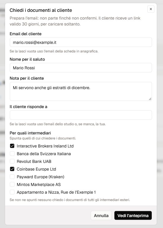 Il modulo per chiedere i documenti al cliente.