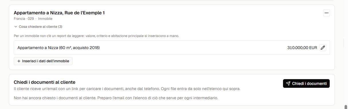 La sezione per chiedere i documenti al cliente, senza richieste inviate.