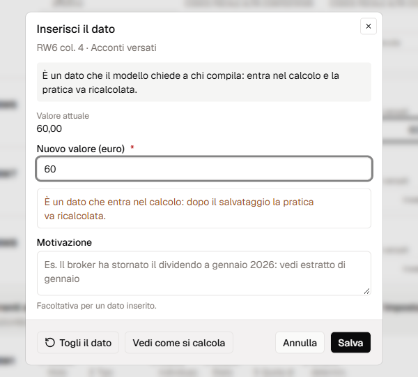 Il dialog per inserire o togliere un dato che il modello chiede allo studio.